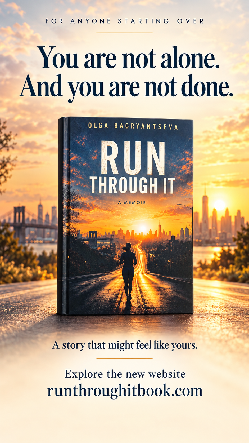 Run Through It by Olga Bagryantseva: a runner on a golden road toward the New York skyline